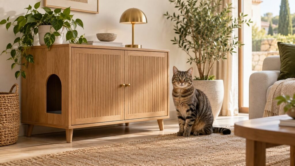Mueble arenero para gatos de madera junto a un gato en un salón